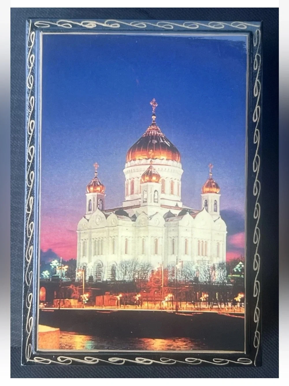 Vintage Russian Black Wooden 6” x 4” Hinged Box - Cathedral Of Christ The Savior